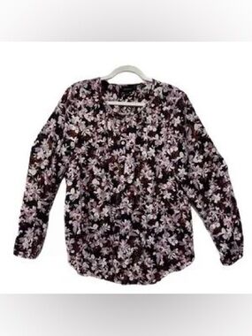 J. Jill Floral Pink Lavender Black Button Up Long Sleeve Blouse